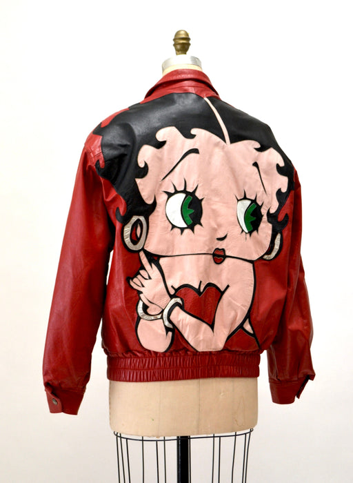 80s 90s Vintage Red Leather Jacket with Betty Boop Jacket// 90s 80s Red Leather Biker Jacket Betty Boop Comic Cartoon Small Medium Maziar
