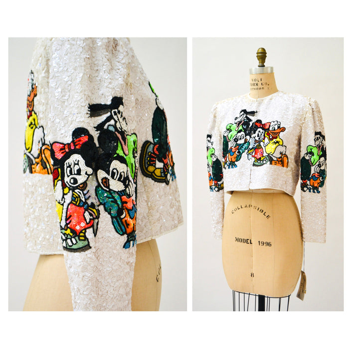 Vintage Jeanette Kastenberg Platinum Beaded Jacket Disney Mickey Minnie Mouse Donald Duck Beaded Bolero Jacket Comic Cartoon Medium Large