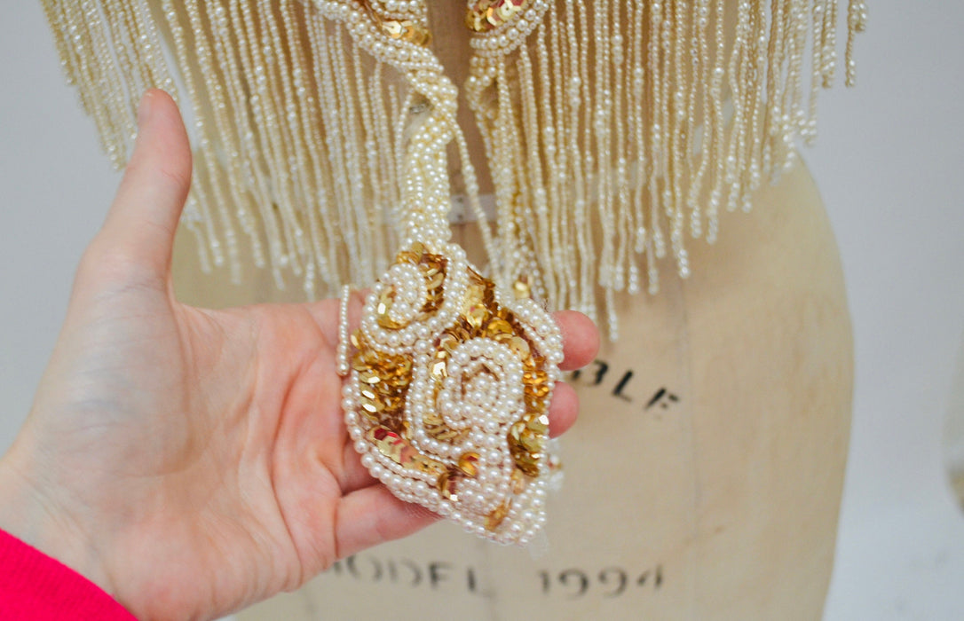 Vintage Gold Pearl White Cream Beaded Sequin Shawl Wrap Burlesque Wedding Flapper Gold Metallic Beaded Wedding Vintage Fringe Collar Shawl