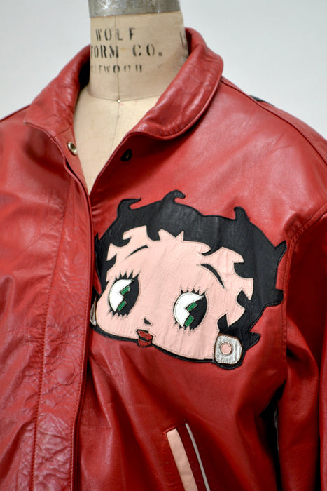 80s 90s Vintage Red Leather Jacket with Betty Boop Jacket// 90s 80s Red Leather Biker Jacket Betty Boop Comic Cartoon Small Medium Maziar