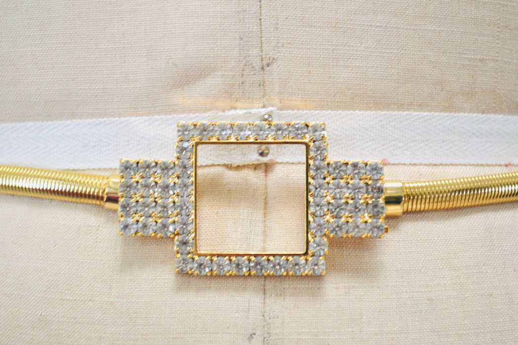 70s 80s Vintage Gold Stretch Belt Metal Rhinestone Diamond 70s Disco Stretch Metallic Gold Wedding Belt Small Medium 26-30"