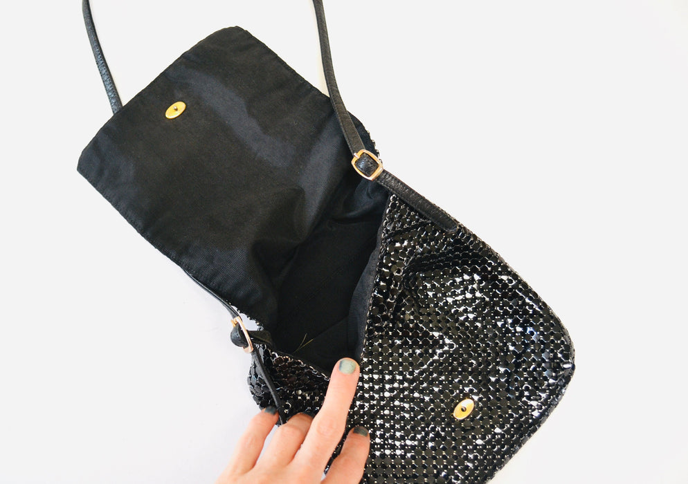 80s Vintage Black Evening Bag Purse Black Metallic Metal Whiting and Davis // Vintage Black Mesh Metallic Purse Evening Bag