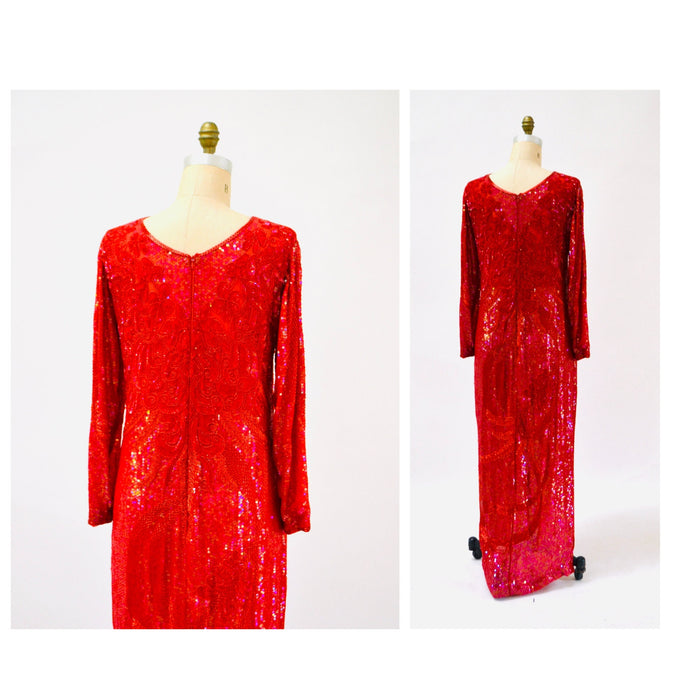 90s Vintage Red Sequin Beaded Dress Evening Gown Medium Large// 80s 90s Glam Red Sequin Long Sleeve Dress Beauty Pageant Showgirl Gown