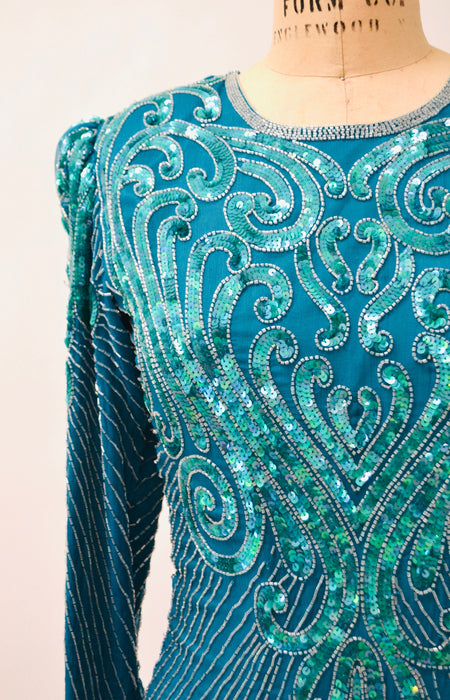 80s 90s Vintage  Blue Green Sequin Beaded Dress Flapper Inspired Cocktail  Dress Small in Teal Blue Long Sleeve 80s 90s Party Pageant Dress