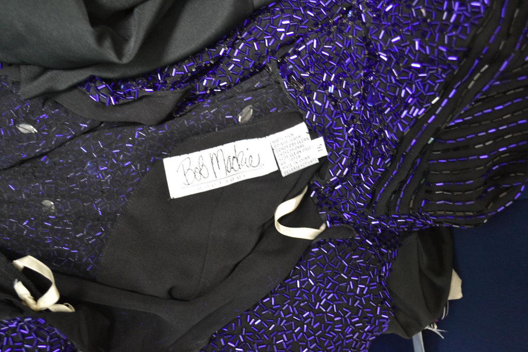 80s 90s Vintage Beaded Sequin Gown Dress Medium Large By Bob Mackie Blue Black Rhinestones Long Sleeve Blue Beaded Conservative Draped Gown
