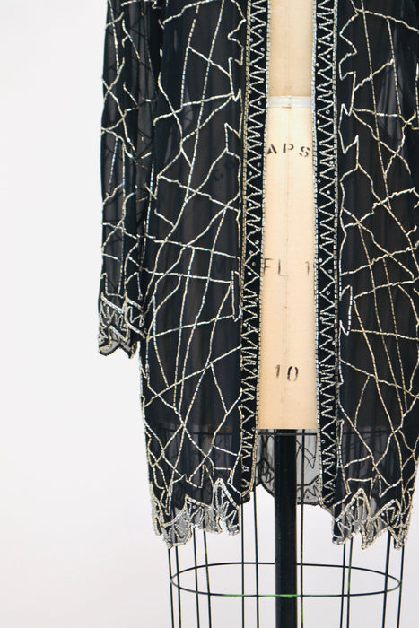 90s Vintage Black Beaded Silk Chiffon Duster Jacket Black Beaded Sheer Black Top Long Sleeves Beaded Beach Cover UP Fabrice Small Medium