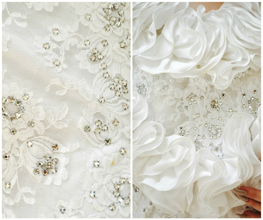 80s Vintage White Lace and Rhinestone Evening Gown Dress Small Medium By Rose Taft// 80s White Metallic Lace Wedding Party Dress Metallic