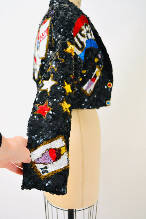 80s 90s Vintage Sequin USA Jacket American Flag USPS Jacket Medium By Modi// Vintage Black Sequin Jacket USA America Olympics Sequin Jacket