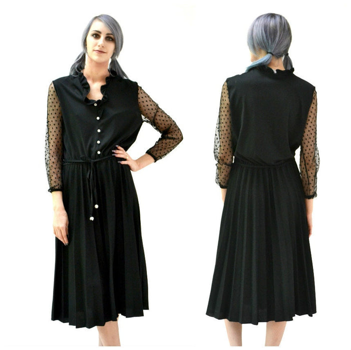 Vintage Black Dress Knit Medium Large Illusion Dress// 70s 80s Black Knit Dress Ruffle Neck Pleat Skirt Travel Dress Medium Large