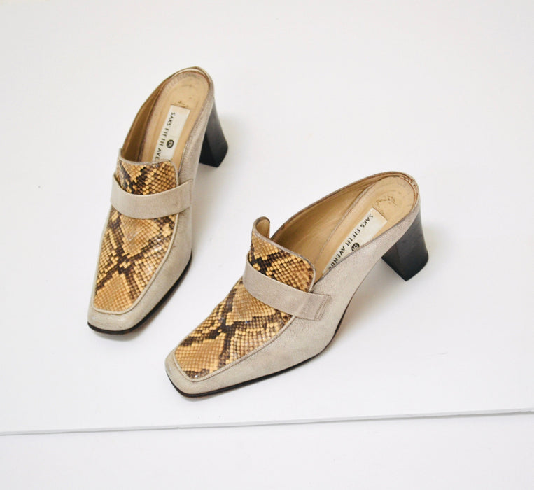 90s 00s Y2K Vintage Snake Skin Leather Slides High Heel Loafers Shoes 7 1/2 Vintage Tan Snake Skin High Heel Shoes Mules Saks Fifth Avenue