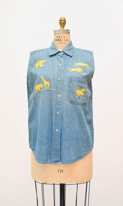 80s 90s Vintage Denim Tank Top Gold Animal Patches and Rhinestones Size Small Medium Metallic Denim Jean Denim Shirt Top 80s 90s Glam