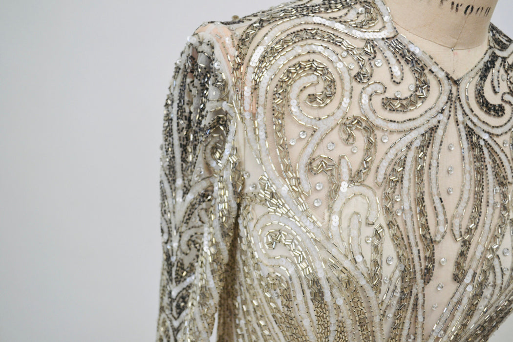 80s 90s Vintage Silver Gold White Cream Beaded Gown Dress Medium Bob Mackie Silk// Vintage Sheer Wedding Gown Beaded Art Deco Medium