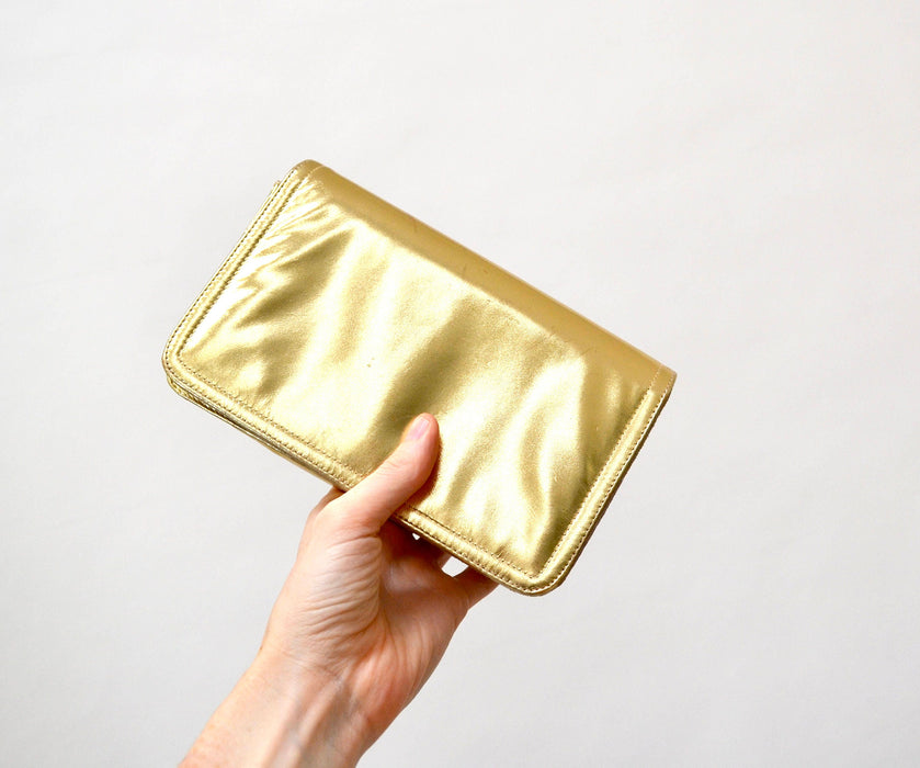 Vintage Gold Leather Clutch Purse Hand Bag// Vintage Metallic Gold Leather Bag Purse Evening Bag