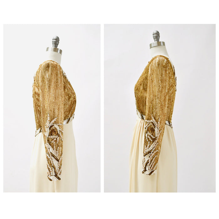 80s 90s Vintage BOB MACKIE White Cream Beaded Gold Sequin Gown Dress Size Small// Vintage Wedding Gown Beaded Long Sleeve Pageant Dress