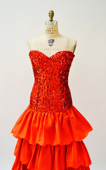 Vintage Red 80s Party Prom Dress Sequin Evening Gown Strapless Red XS Small// 80s Prom Pageant Dress Red Sequins Strapless Gown XS Small