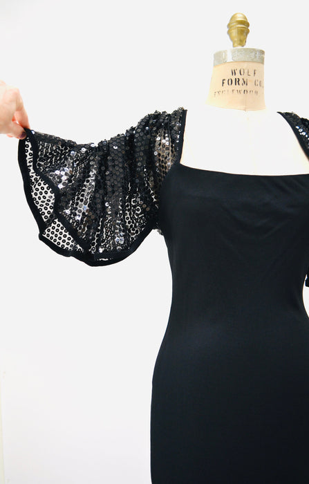 70s 80s Vintage Black Sequin Dress Gerald Franklin Small Medium// 70s 80s Black Sequin Dress Black Knit 70s Disco Cocktail Body Con Dress