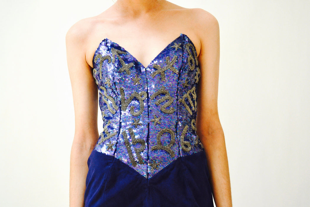 90s Sequin Leather Strapless Dress by Michael Hoban Blue Gold Small Zodiac Astrology Signs XXS XS// Metallic Leather Strapless Beaded Dress