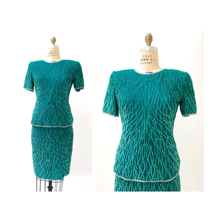 80s 90s Vintage Sequin Top Skirt Dress Set Medium 80s 90s Glam Skirt Top Dress  Blue Green Teal  90s Party Dynasty Flapper Costume