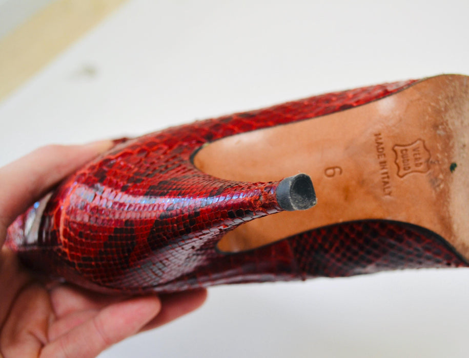 80s Vintage Red Snake Skin Embossed Leather High Heel Boots 6  Leather High Heel Black Boots Pointed Toe Boots Made in Italy