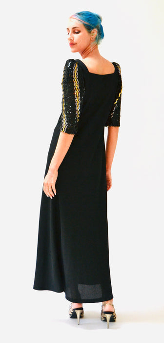 70s 80s Vintage Black Sequin Long Dress by Lillie Rubin Small Medium// Vintage Disco Metallic Silver Gold Black Sequin Dress Evening Gown