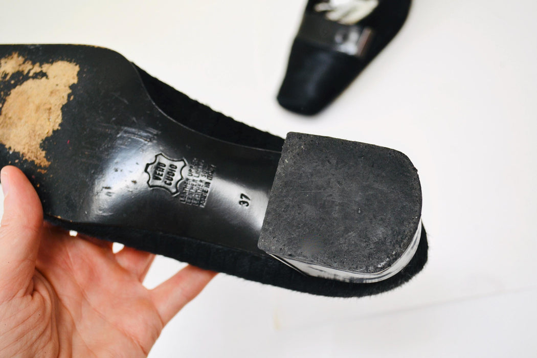 Vintage 90s Black Pony Hair Pumps Black High Heels Size 37 7 Square Toe Vintage Black Low Heel Fur Pony Hair Heels Loafers Shoes Baldan