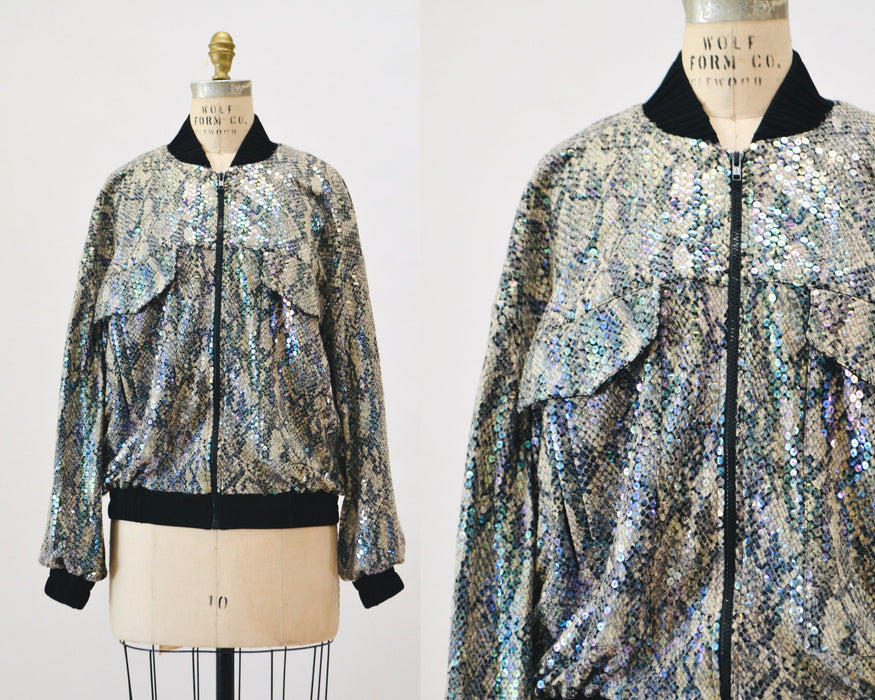 90s Vintage Sequin Bomber Track Jacket Black Grey Sequin Snake Python Jacket Small Medium// 90s Party sequin Jacket Snake Print Criscione