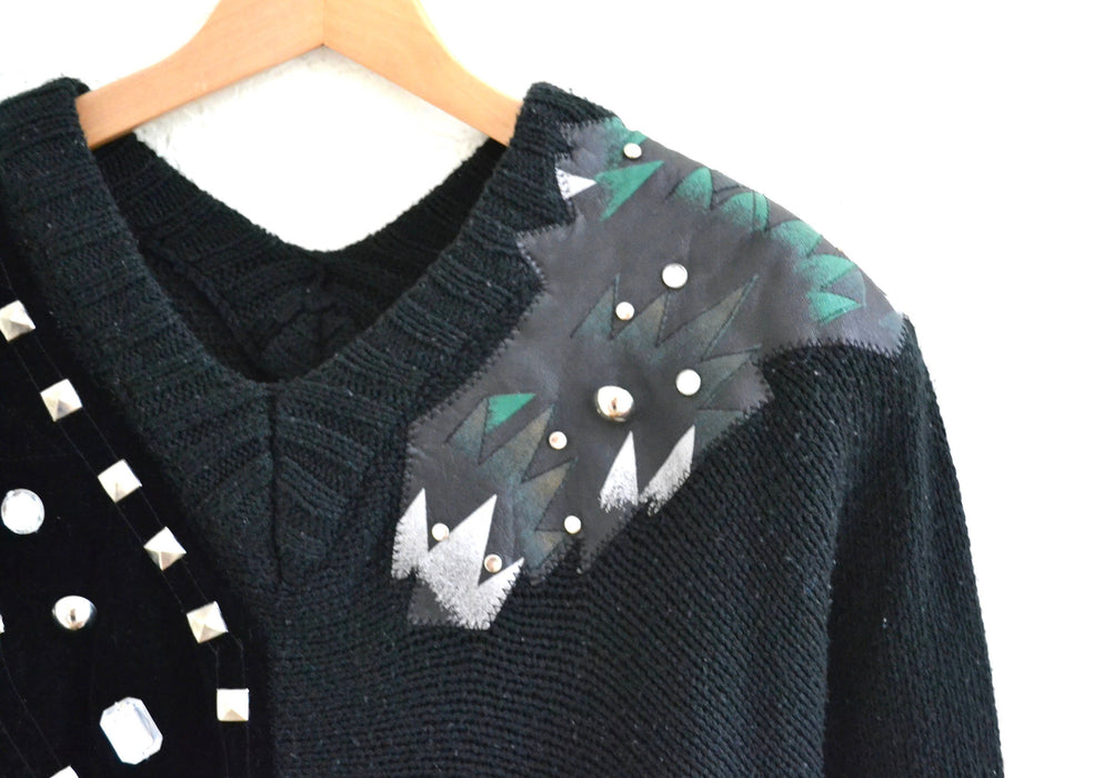 Vintage 80s Black Sweater Metallic studs rhinestones and faux leather SIze Medium Jumper Pull over 80s Glam Black Sweater
