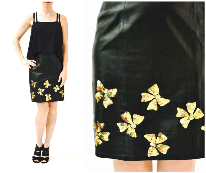 Vintage Black Leather Skirt Size Small Metallic Gold Sequin Bows Black leather Skirt 80s Glam By Lillie Rubin