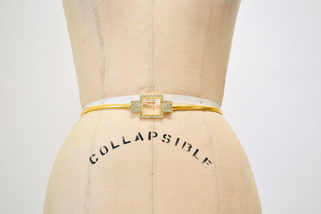 70s 80s Vintage Gold Stretch Belt Metal Rhinestone Diamond 70s Disco Stretch Metallic Gold Wedding Belt Small Medium 26-30"