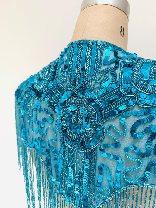 90s Vintage Turquoise Blue Beaded Fringe Shawl Wrap Burlesque Wedding Flapper Blue Metallic Beaded Vintage Fringe Collar Showgirl