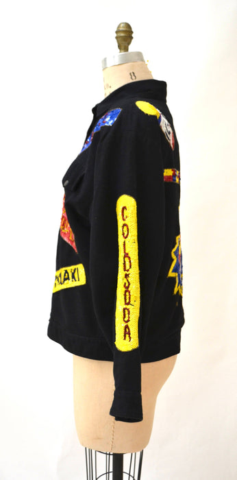 Vintage Sequin Jacket Black with Hot dog Carnival Junk Food Large// Vintage Black Sequin Jacket Carnival Coney Island Comic Pop Art By Modi
