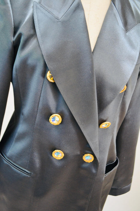 90s Vintage Gray Pewter Satin Jacket Blazer Suit Skirt Dark Grey Blazer 80s 90s Glam Power Suit Medium Criscione 90s Suit Rhinestone buttons