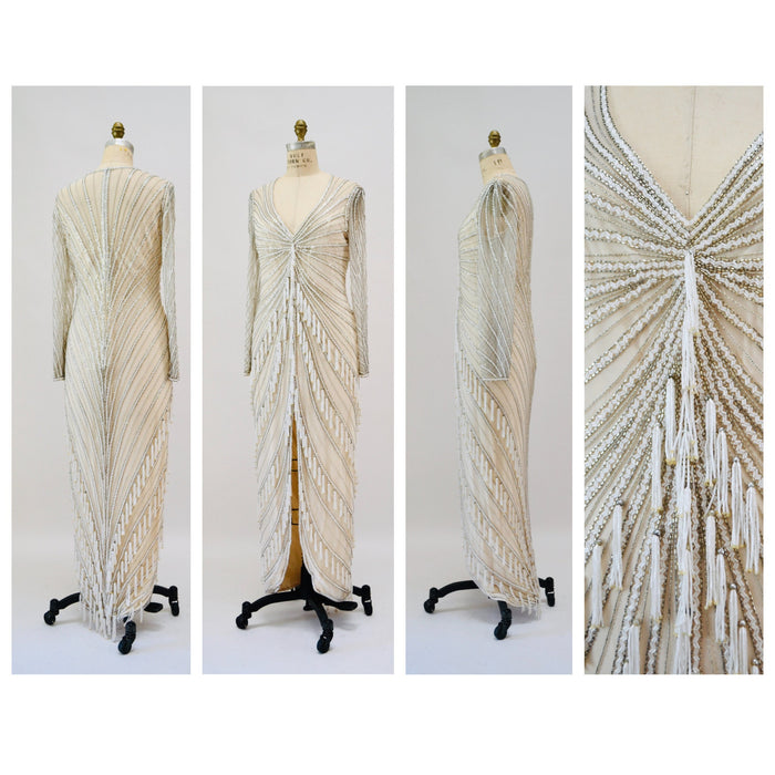 80s 90s Vintage Silver White Cream Beaded Gown Dress Medium Large By Bob Mackie Silk// Vintage Wedding Gown Beaded Fringe Art Deco Gown