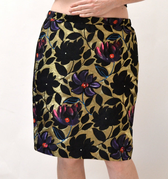 80s Vintage Metallic Gold Jacquard Skirt and Shirt Suit// Vintage Metallic Dress Gold black Large// Hand Painted Jacquard Skirt and Shirt