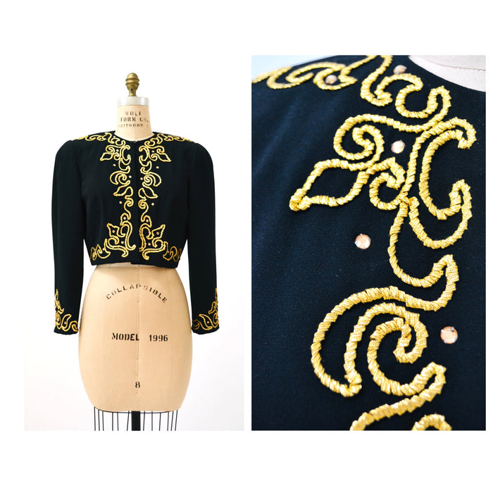 80s 90s Glam Vintage Black Gold Jacket Rhinestone Embroidered metallic Jacket Medium// Black Cropped Jacket Steven Stoller Metallic Medium