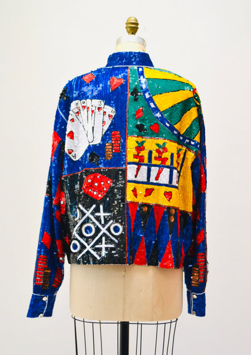 80s 90s Vintage Las Vegas Casino Sequin Jacket Large by JUST FABULOUS Cards Slot Machine Poker Las Vegas Pop Art Beaded Sequin Jacket Large