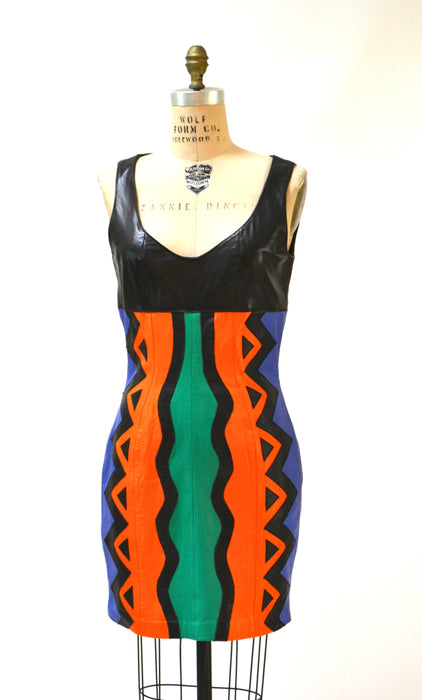 Vintage Leather Dress Black Medium Large Pop Art tribal by Michael Hoban North Beach// 90s Vintage Leather Dress medium Large Patchwork