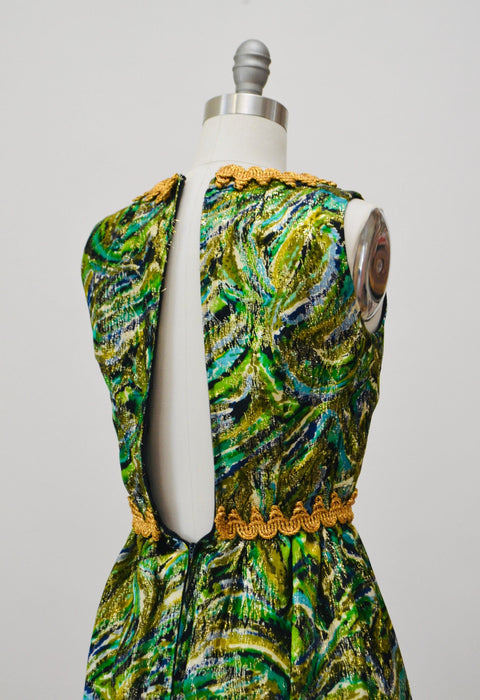 60s 70s Vintage Metallic Green Party Cocktail Dress XXS XS Green Blue Gold Dress with Marabou Feathers 60s Disco Party Dress Green Metallic