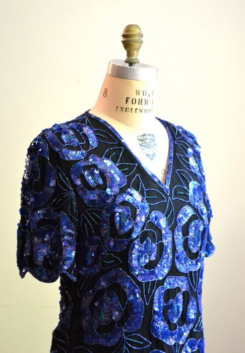 Vintage Sequin Shirt Top Black and Blue Sequin shirt Size Medium// 80s 90s Vintage Sequin Shirt in Black and Blue Art Deco Flapper Inspired