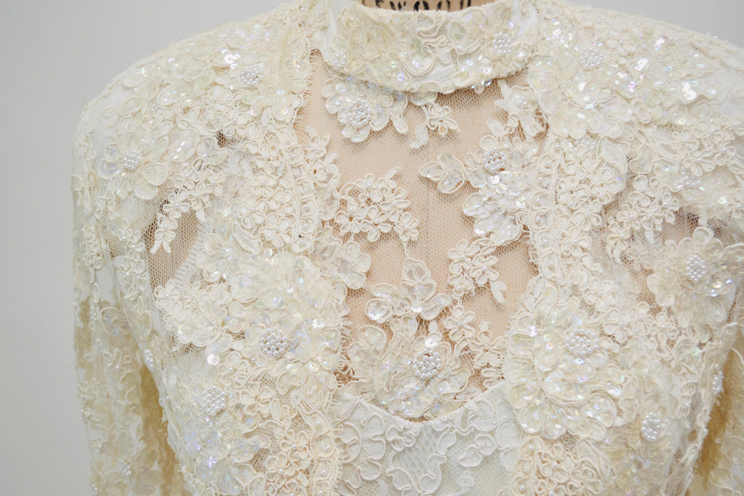 90s Vintage Off White Lace Beaded Party Wedding Gown Beaded Cream White Lace Jacket XS SMALL// Vintage Sequin Lace Wedding Dress Halter Neck