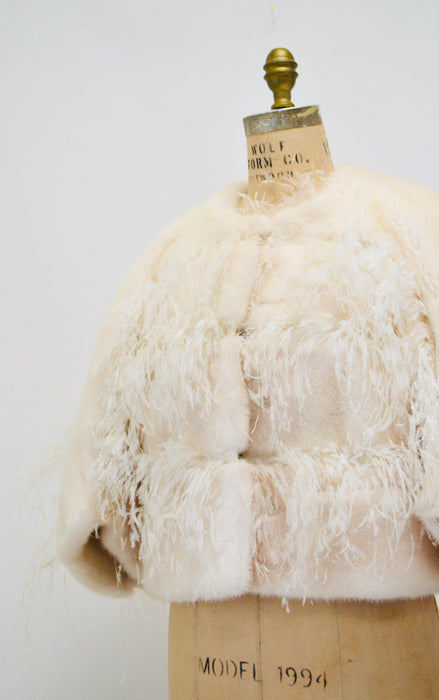 Vintage Ralph Rucci White Feather Mink Jacket// Wedding Fur Vintage Cropped Jacket// Vintage White Cream Mink Feather Winter Wedding Jacket