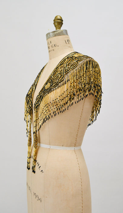 Vintage Gold Beaded Fringe Shawl Wrap Burlesque Wedding Flapper Gold Metallic Beaded Vintage Fringe Collar Shawl Gold Black Wrap Sharmark