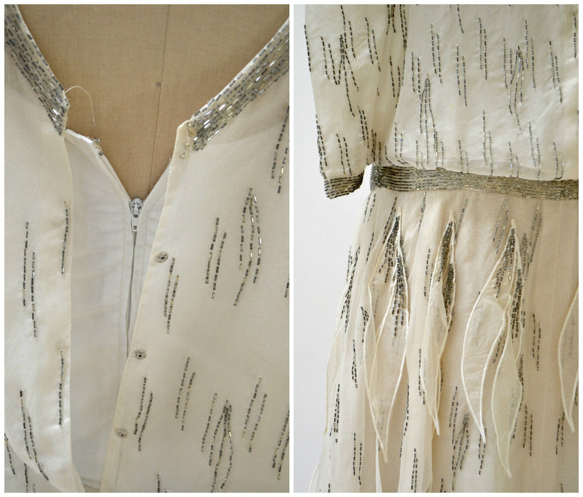 80s does 20s Vintage Beaded Dress Silk Cream Off White Dress Small Medium Ruben Panis// 80s Vintage Beaded Dress Long Sleeve Flapper Dress