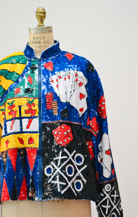 80s 90s Vintage Las Vegas Casino Sequin Jacket Large by JUST FABULOUS Cards Slot Machine Poker Las Vegas Pop Art Beaded Sequin Jacket Large