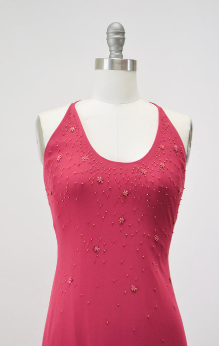 Vintage 00s Y2K Pink Tank Dress Prom Dress Beaded Pink Knit Gown Cami Dress XS Small Pink Long Beaded Dress by Laundry Evening Gown Xs Small