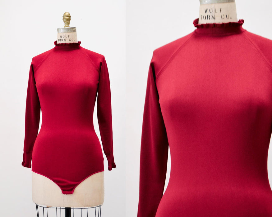 Vintage 70s Burgundy Red Turtle neck Bodysuit Brief Body Suit Turtle Neck long sleeve Medium//  Vintage Red Turtleneck ruffle bodysuit