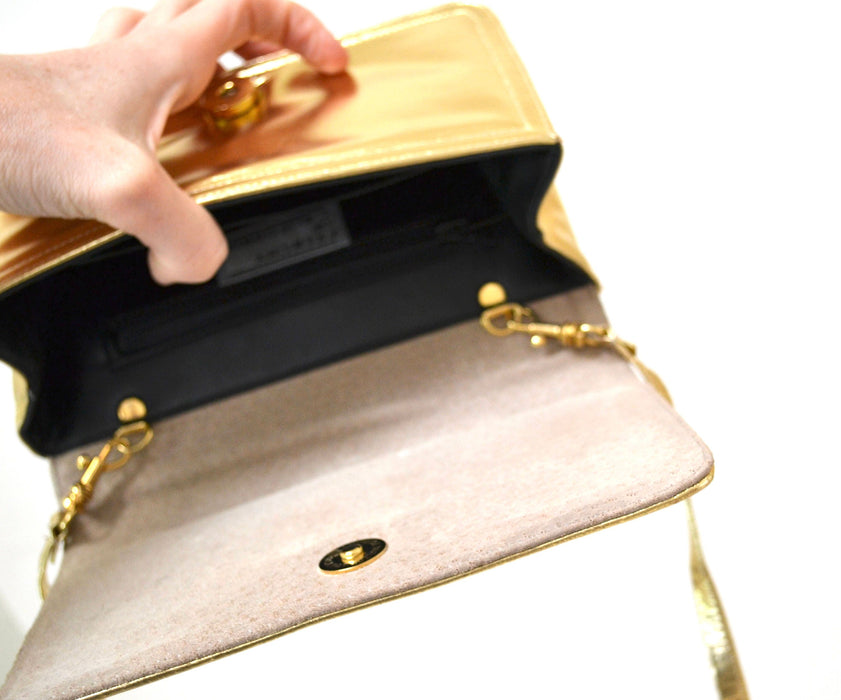 Vintage Gold Leather Clutch Purse Hand Bag// Vintage Metallic Gold Leather Bag Purse Evening Bag