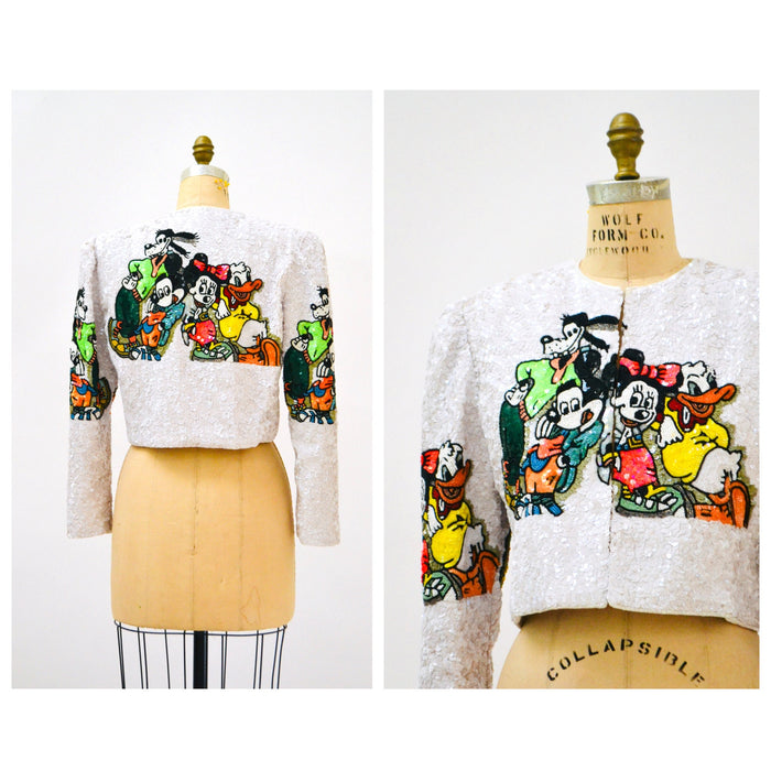 Vintage Jeanette Kastenberg Platinum Beaded Jacket Disney Mickey Minnie Mouse Donald Duck Beaded Bolero Jacket Comic Cartoon Small Medium