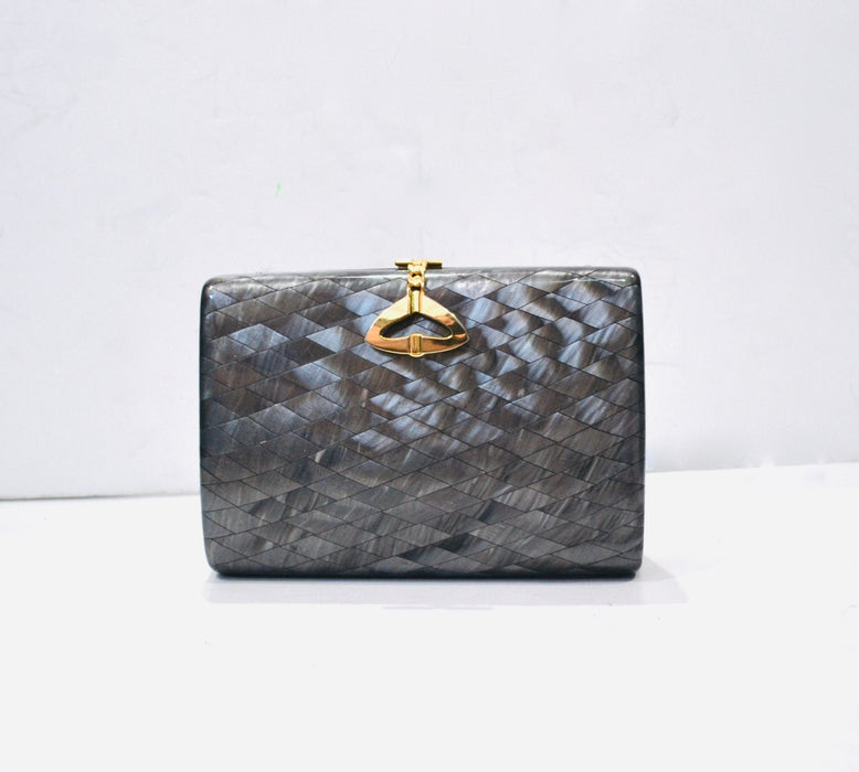 70s 80s Vintage Grey Clutch Hard Case Acrylic Faux Mother of Pearl Clutch Bag// Vintage Grey Gold Hard Acrylic Evening Bag Clutch Small Bag