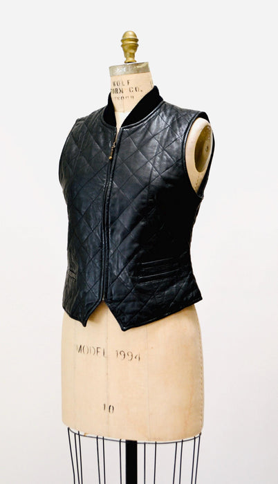 90s Vintage Black Leather Vest Black Quilted Leather Biker Vest Tank Top// 90s Biker Babe Fall Vintage Black Leather Vest Size Medium